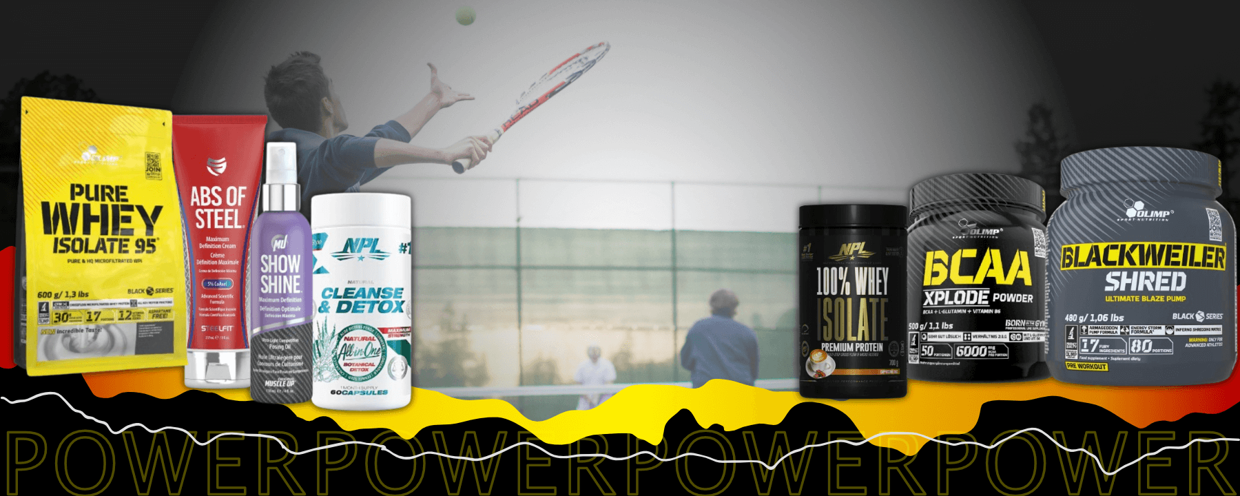 Supplement products with a blurred sports scene in the background